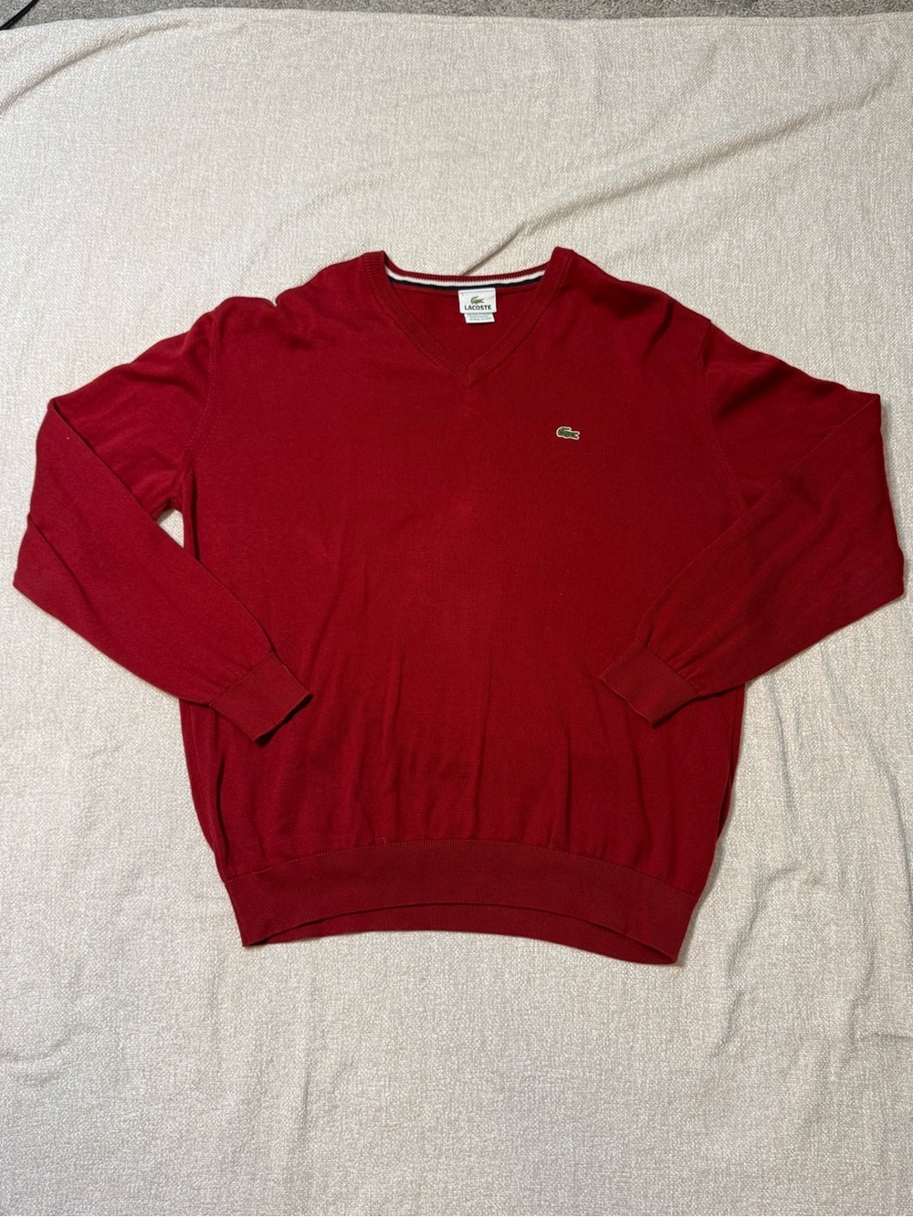 Lacoste Mens XXL Red V Neck Cotton Sweater Preppy Quiet Luxury Croc Logo Lo
